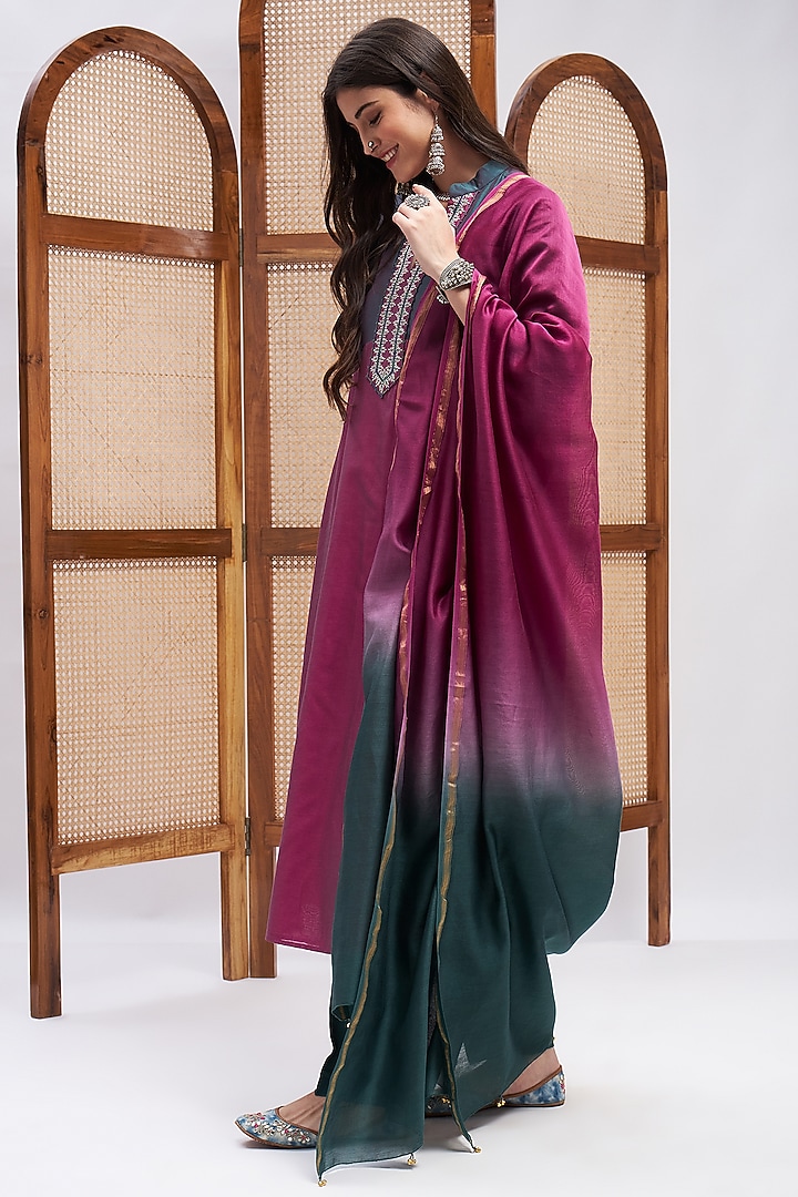 Turquoise & Magenta Silk Chanderi Resham Embroidered Kurta Set by RoohbyRidhimaa at Pernia's Pop Up Shop
