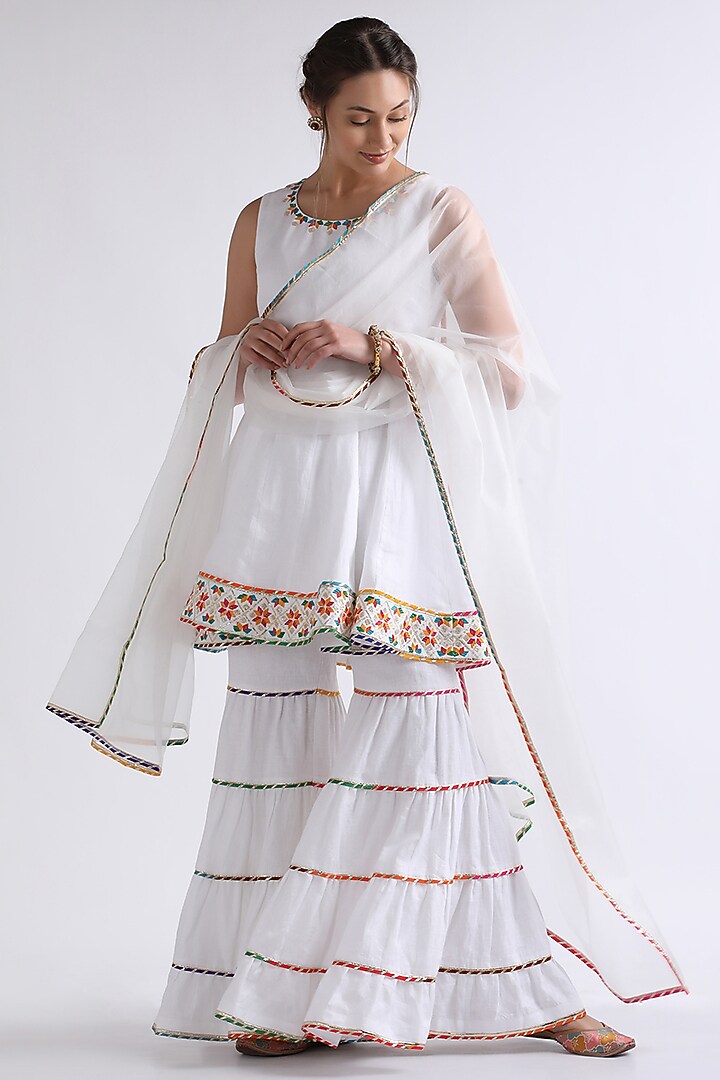 White Linen Resham Embroidered Tonal Wedding Sharara Set by RoohbyRidhimaa at Pernia's Pop Up Shop