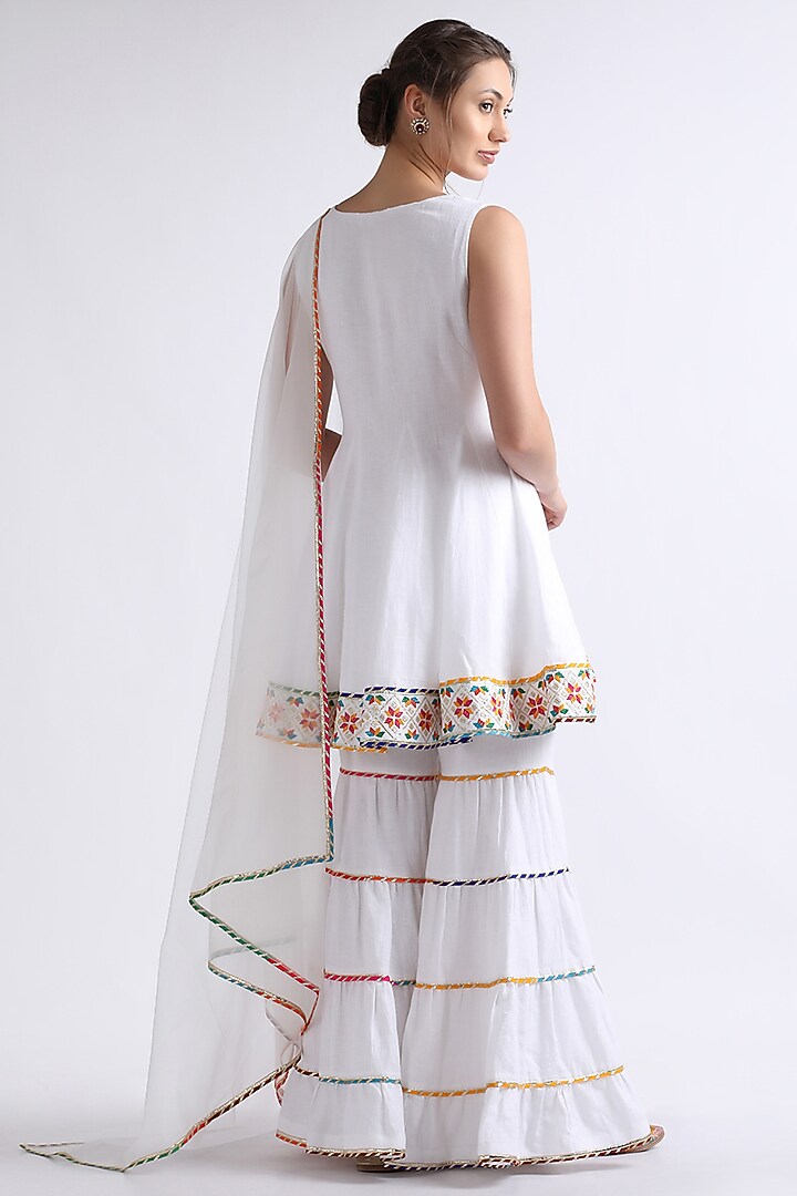 White Linen Resham Embroidered Tonal Wedding Sharara Set by RoohbyRidhimaa at Pernia's Pop Up Shop