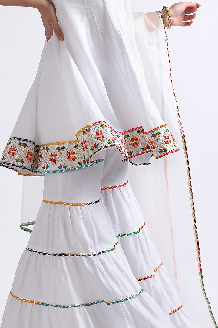 White Linen Resham Embroidered Tonal Wedding Sharara Set by RoohbyRidhimaa at Pernia's Pop Up Shop
