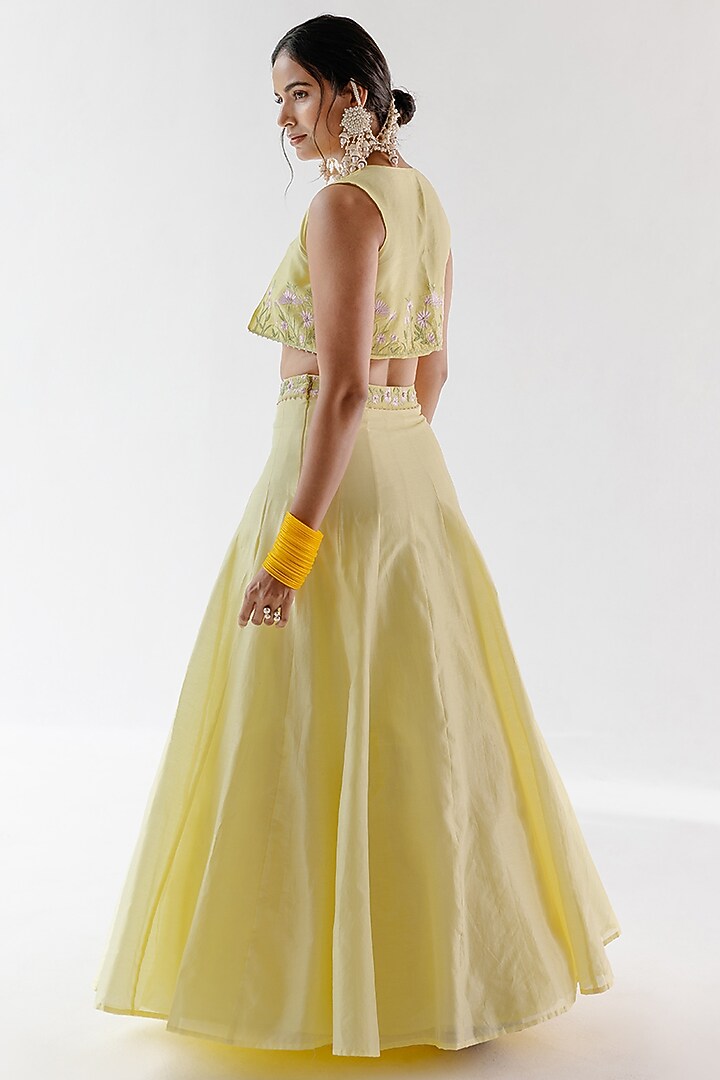 Yellow Pure Silk Chanderi Pearl Hand Embroidered Jacket Wedding Lehenga Set by RoohbyRidhimaa at Pernia's Pop Up Shop