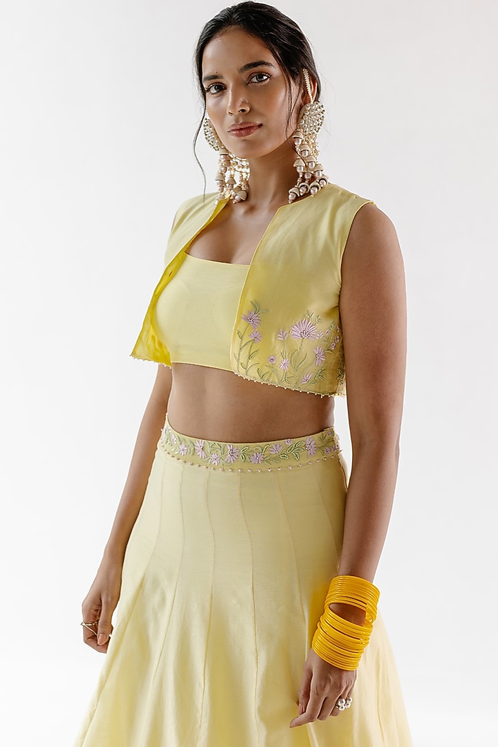 Yellow Pure Silk Chanderi Pearl Hand Embroidered Jacket Wedding Lehenga Set by RoohbyRidhimaa at Pernia's Pop Up Shop