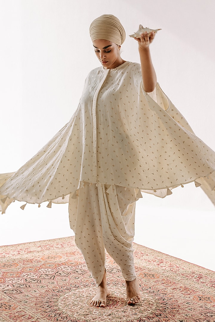 Ivory & Gold Muslin Tonal Dhoti Set by RoohbyRidhimaa at Pernia's Pop Up Shop