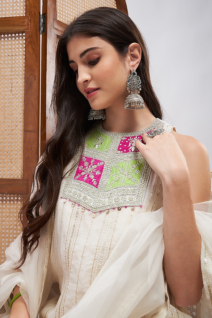 Off-White Silk Chanderi Zari Embroidered Gharara Set by RoohbyRidhimaa at Pernia's Pop Up Shop