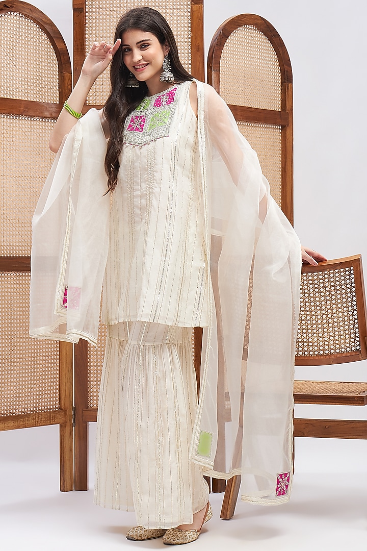 Off-White Silk Chanderi Zari Embroidered Gharara Set by RoohbyRidhimaa at Pernia's Pop Up Shop