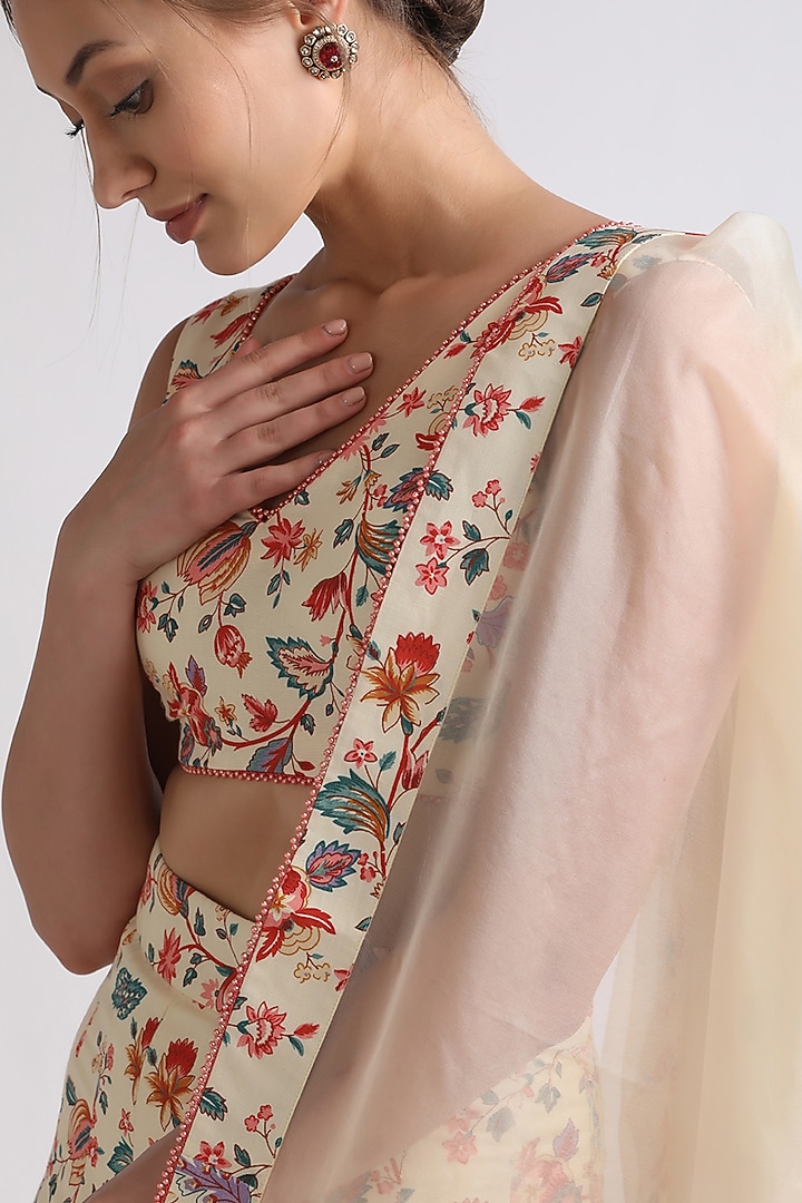Beige Linen Printed Wedding Lehenga Set by RoohbyRidhimaa at Pernia's Pop Up Shop