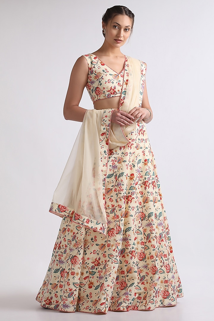 Beige Linen Printed Wedding Lehenga Set by RoohbyRidhimaa at Pernia's Pop Up Shop