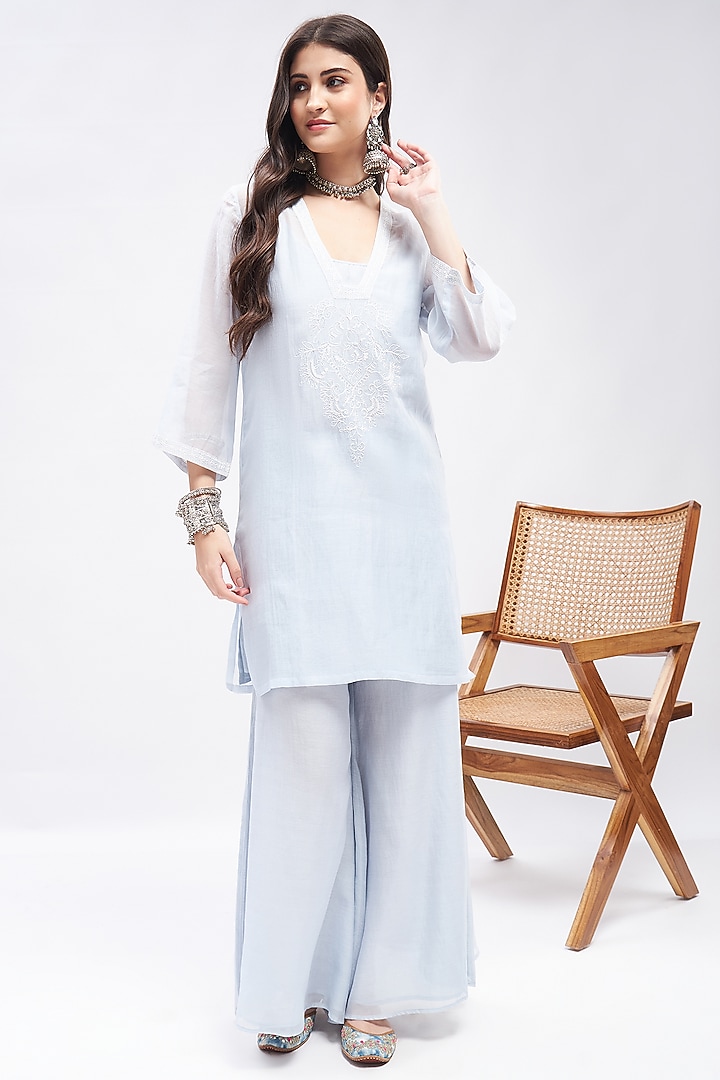 Pastel Bue Silk Chanderi Resham Embroidered Co-Ord Set by RoohbyRidhimaa at Pernia's Pop Up Shop