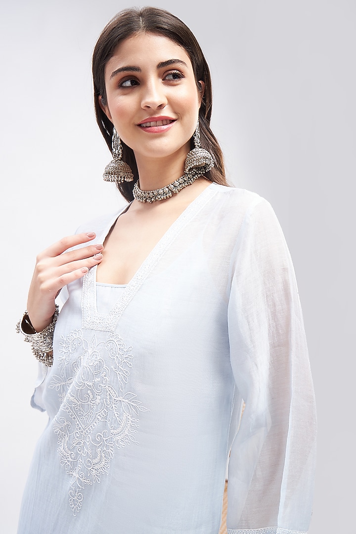 Pastel Bue Silk Chanderi Resham Embroidered Co-Ord Set by RoohbyRidhimaa at Pernia's Pop Up Shop