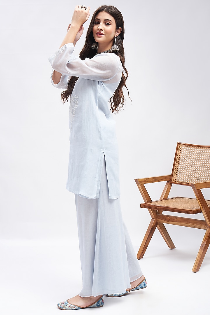 Pastel Bue Silk Chanderi Resham Embroidered Co-Ord Set by RoohbyRidhimaa at Pernia's Pop Up Shop