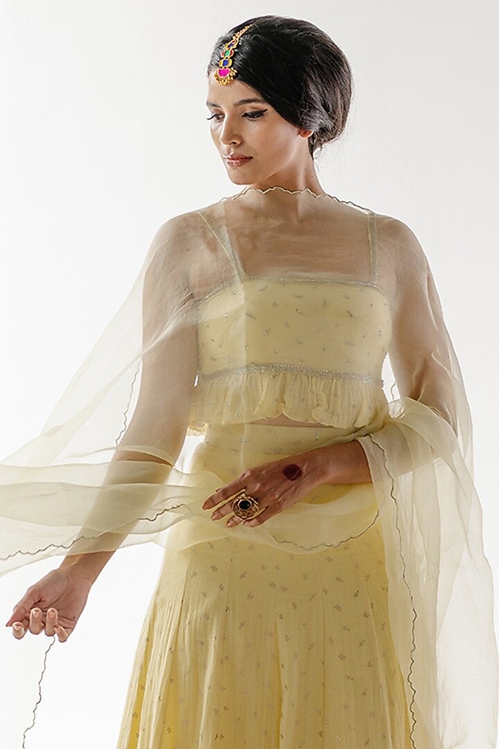 Yellow & Gold Luxurious Cotton Linen Wedding Lehenga Set by RoohbyRidhimaa at Pernia's Pop Up Shop