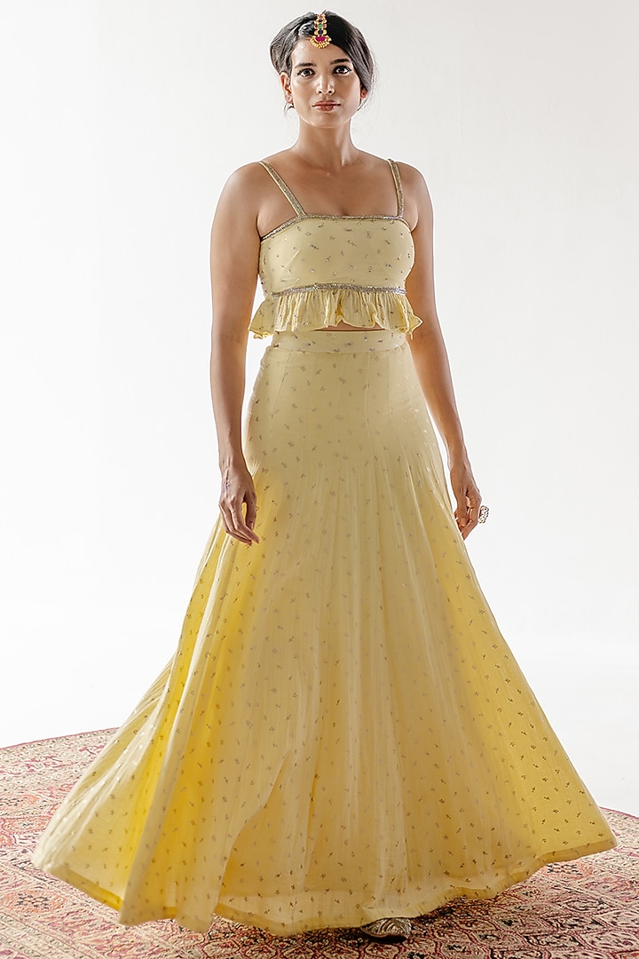 Yellow & Gold Luxurious Cotton Linen Wedding Lehenga Set by RoohbyRidhimaa at Pernia's Pop Up Shop