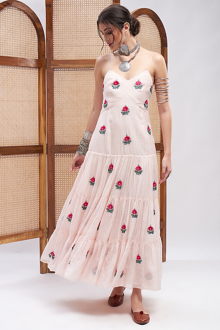 Pastel Pink Silk Chanderi Floral Embroidered Dress by RoohbyRidhimaa