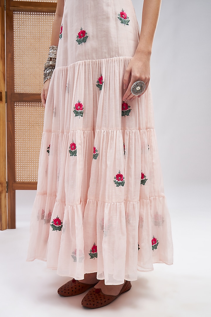 Pastel Pink Silk Chanderi Floral Embroidered Vacation Dress by RoohbyRidhimaa at Pernia's Pop Up Shop