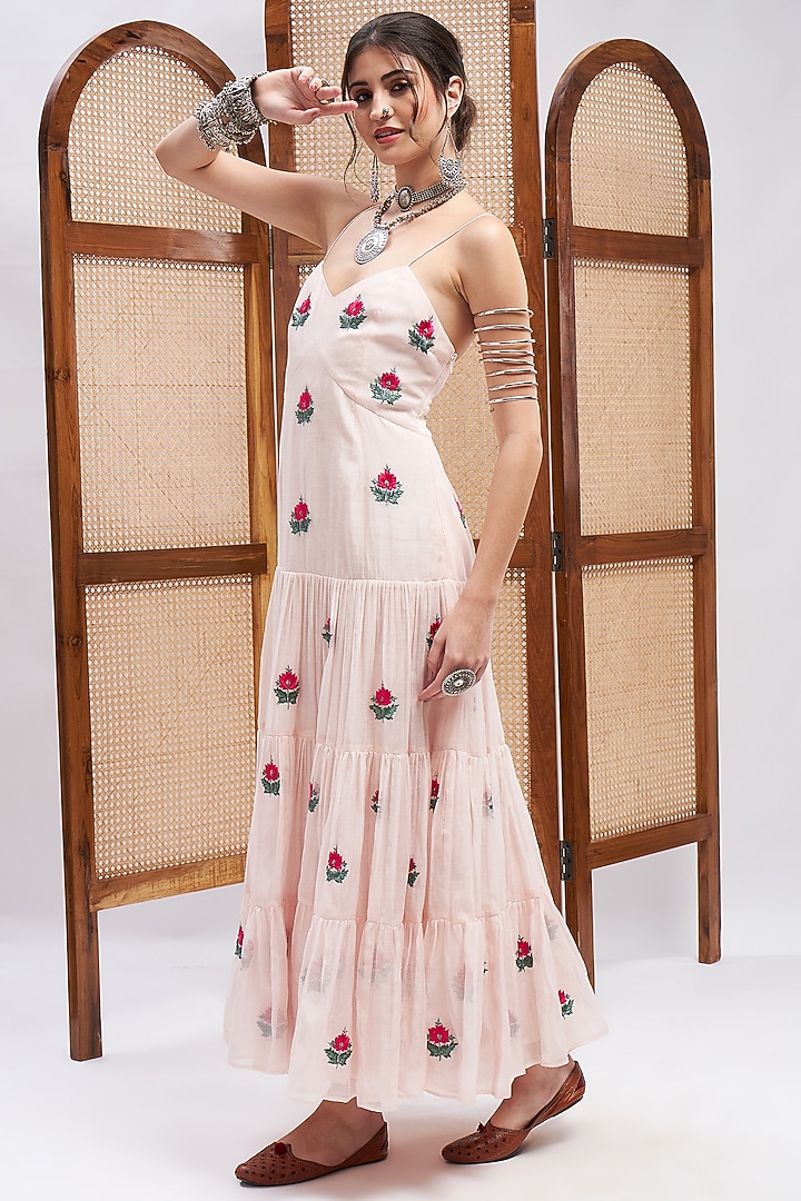 Pastel Pink Silk Chanderi Floral Embroidered Vacation Dress by RoohbyRidhimaa at Pernia's Pop Up Shop