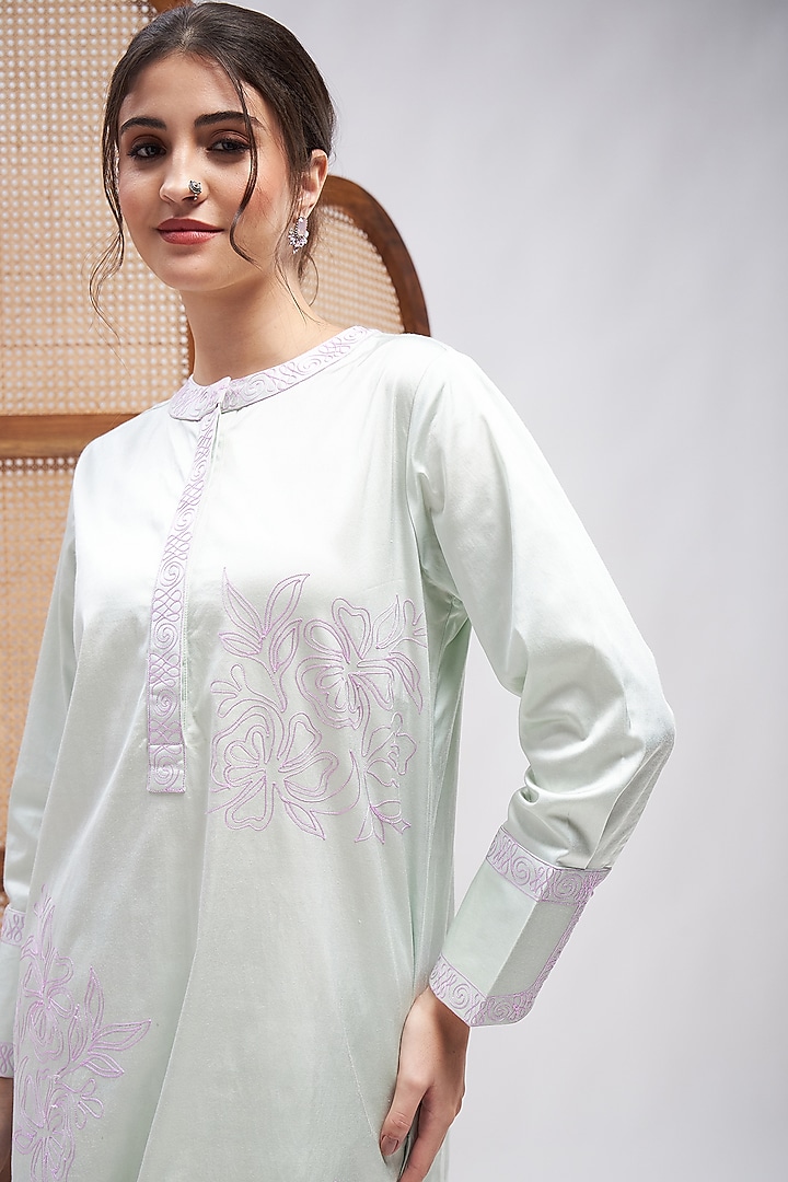 Pista Green Cotton Satin Resham Embroidered Kurta Set by RoohbyRidhimaa at Pernia's Pop Up Shop