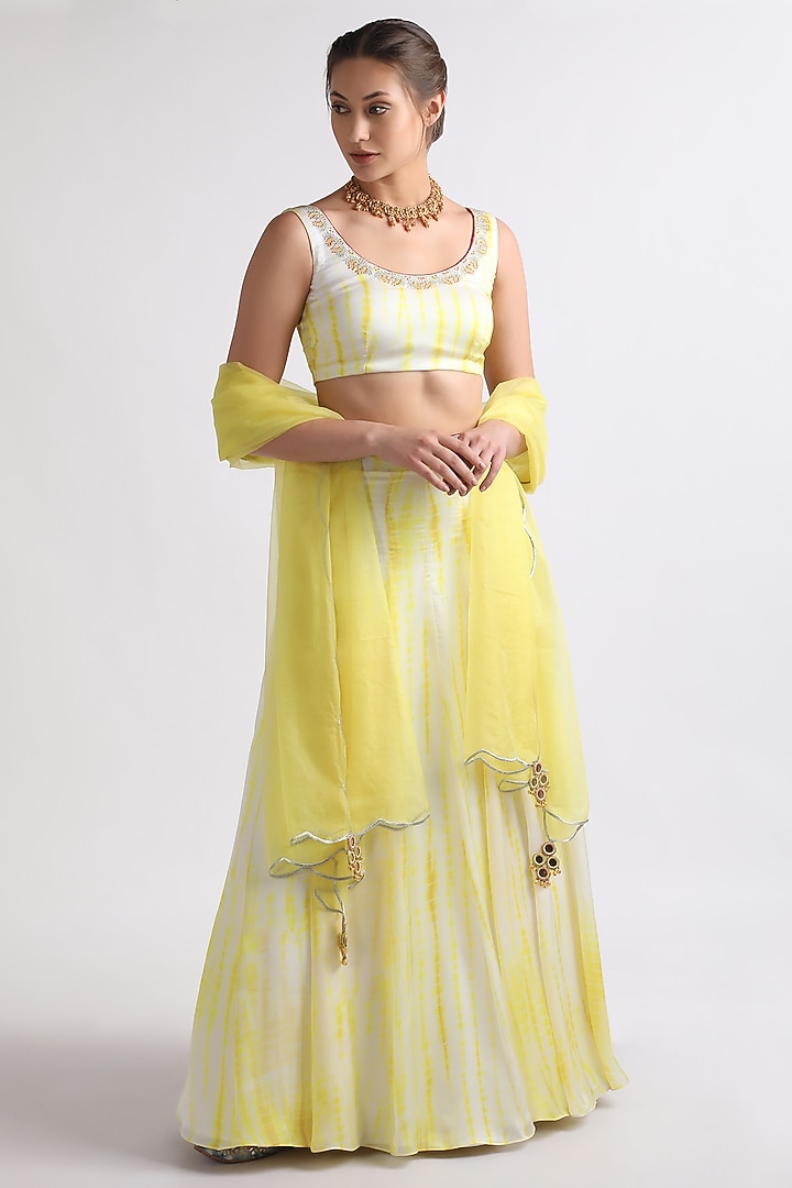 Yellow Viscose Crepe Resham Embroidered Wedding Lehenga Set by RoohbyRidhimaa at Pernia's Pop Up Shop