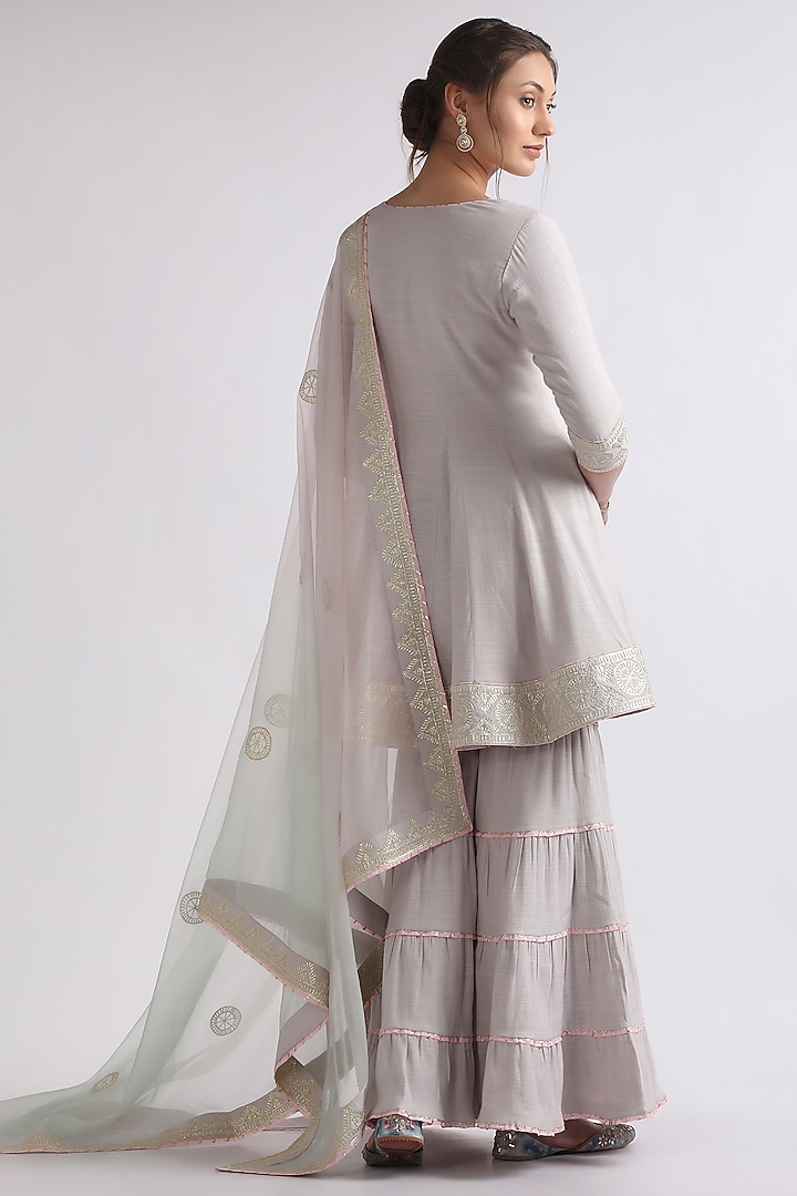 Ash Grey Pure Silk Organza & Pure Cotton Voile Wedding Sharara Set by RoohbyRidhimaa at Pernia's Pop Up Shop