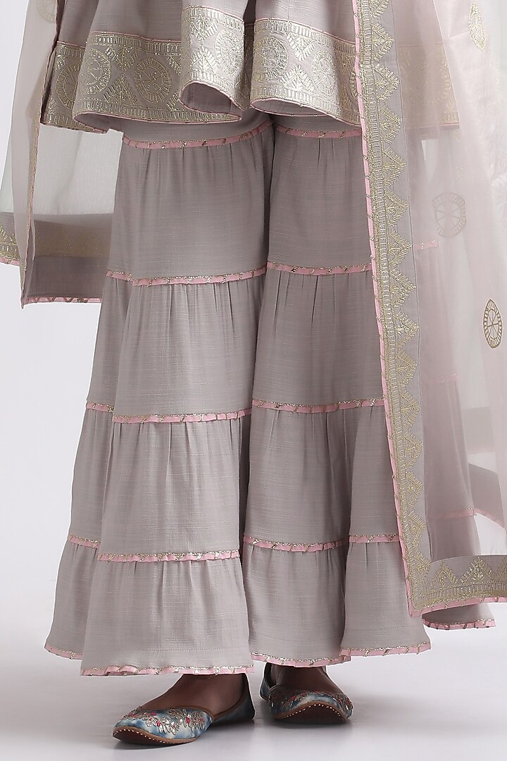 Ash Grey Pure Silk Organza & Pure Cotton Voile Wedding Sharara Set by RoohbyRidhimaa at Pernia's Pop Up Shop