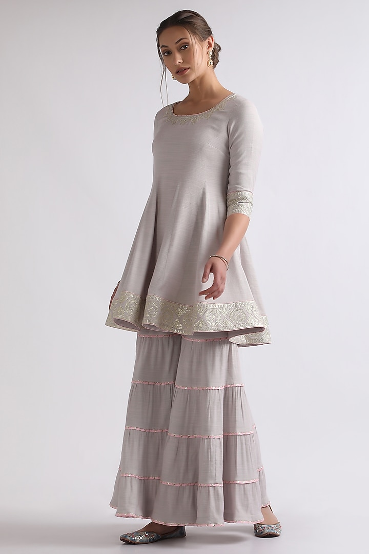 Ash Grey Pure Silk Organza & Pure Cotton Voile Wedding Sharara Set by RoohbyRidhimaa at Pernia's Pop Up Shop