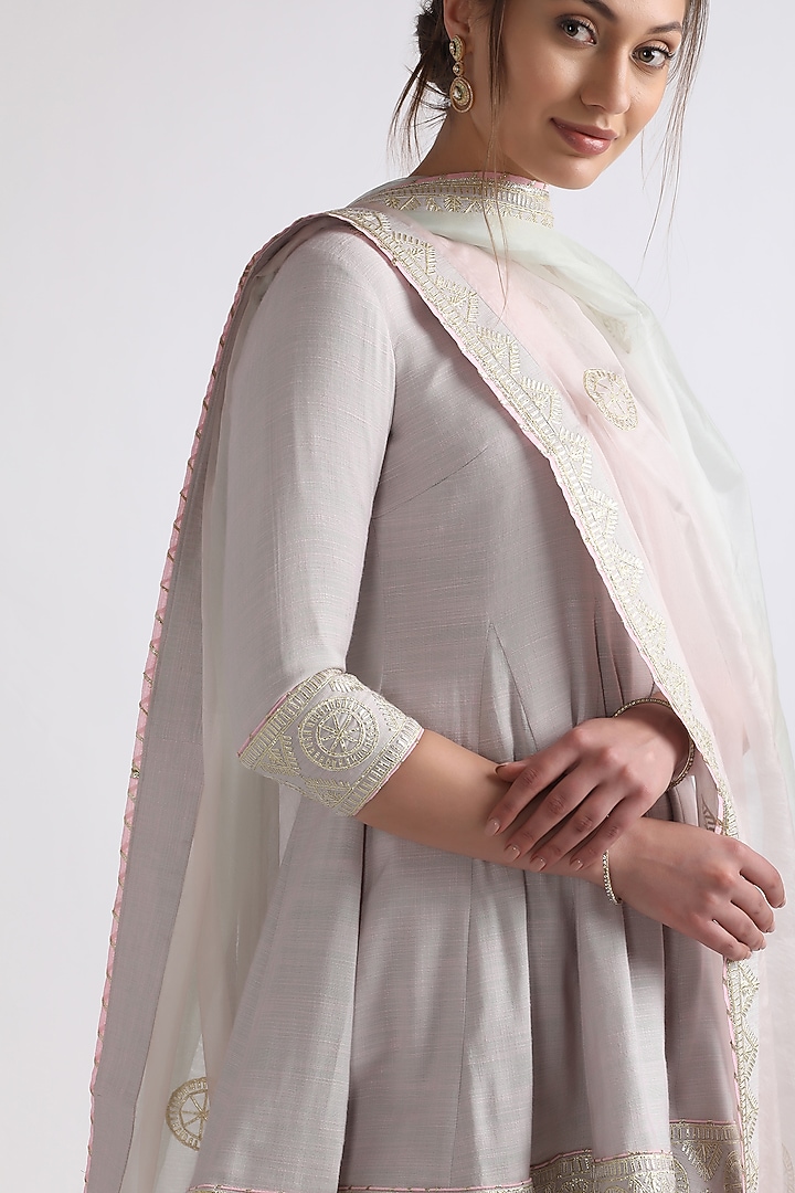 Ash Grey Pure Silk Organza & Pure Cotton Voile Wedding Sharara Set by RoohbyRidhimaa at Pernia's Pop Up Shop