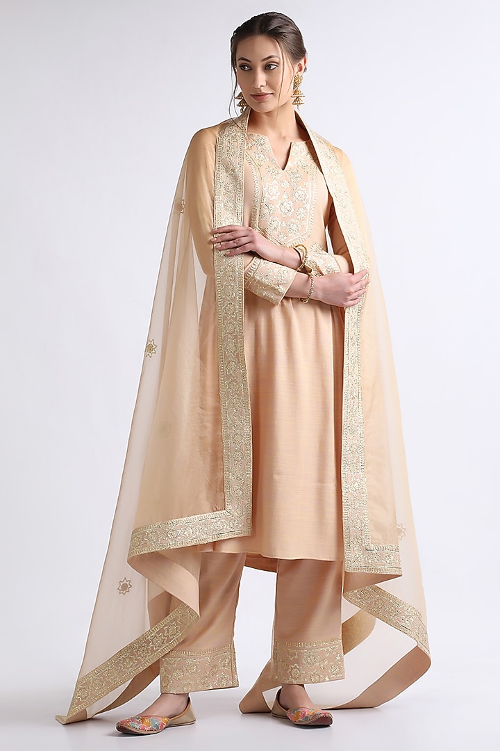 Gold Luxurious Cotton & Pure Cotton Voile Gota Embroidered Kurta Set by RoohbyRidhimaa at Pernia's Pop Up Shop