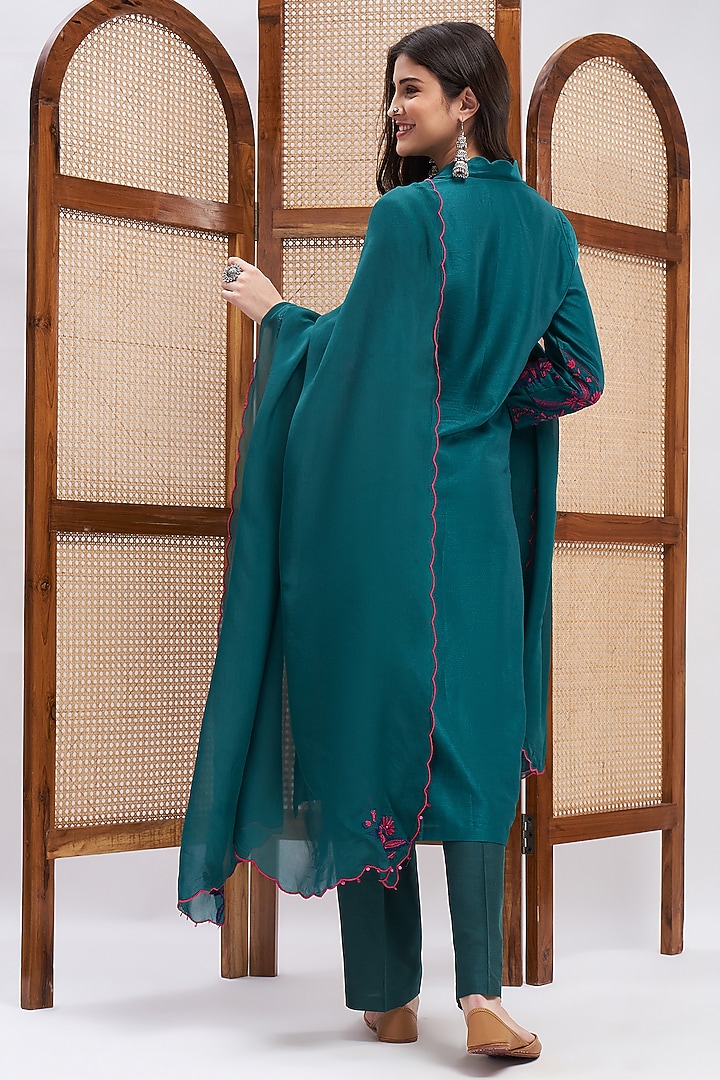 Teal Green Silk Chanderi Kurta Set by RoohbyRidhimaa at Pernia's Pop Up Shop