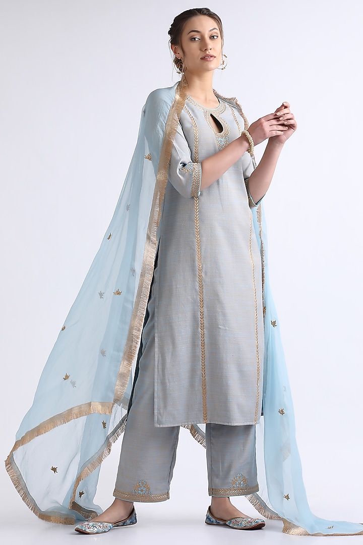Blue Cotton Zari Embroidered Kurta Set by RoohbyRidhimaa at Pernia's Pop Up Shop