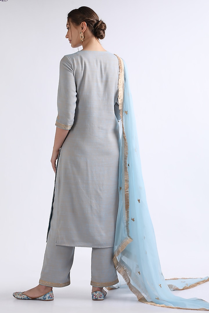 Blue Cotton Zari Embroidered Kurta Set by RoohbyRidhimaa at Pernia's Pop Up Shop