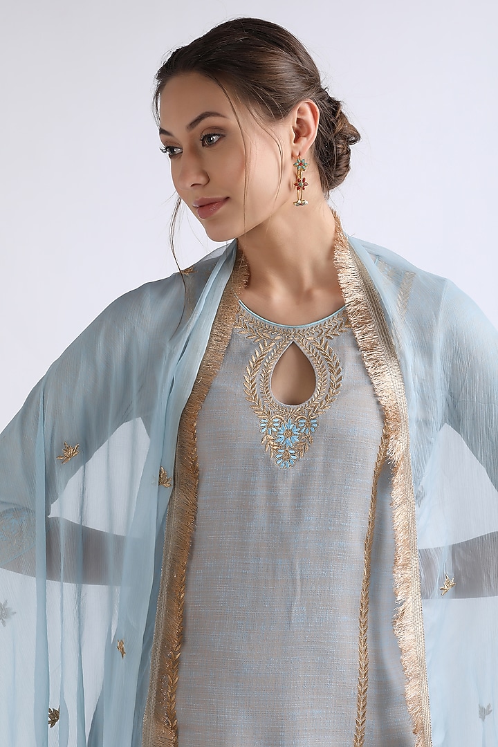 Blue Cotton Zari Embroidered Kurta Set by RoohbyRidhimaa at Pernia's Pop Up Shop