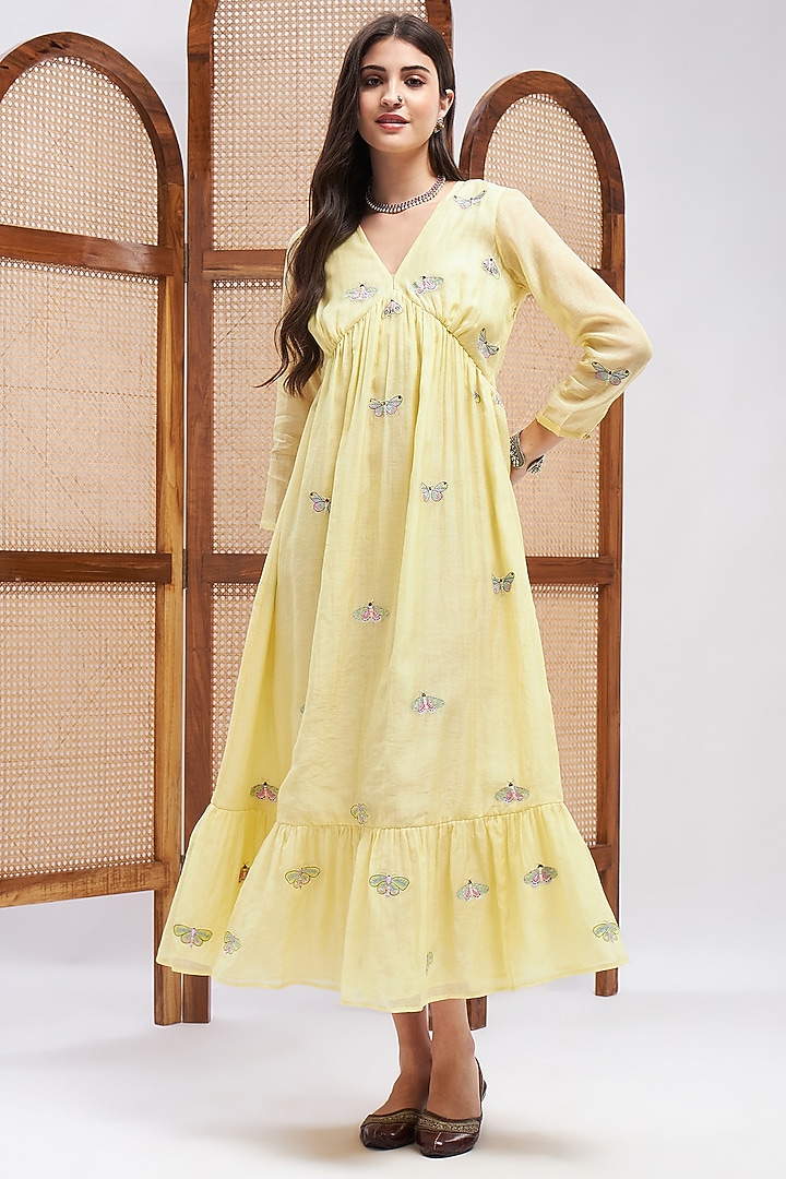 Yellow Silk Chanderi Resham Embroidered Maxi Vacation Dress by RoohbyRidhimaa at Pernia's Pop Up Shop