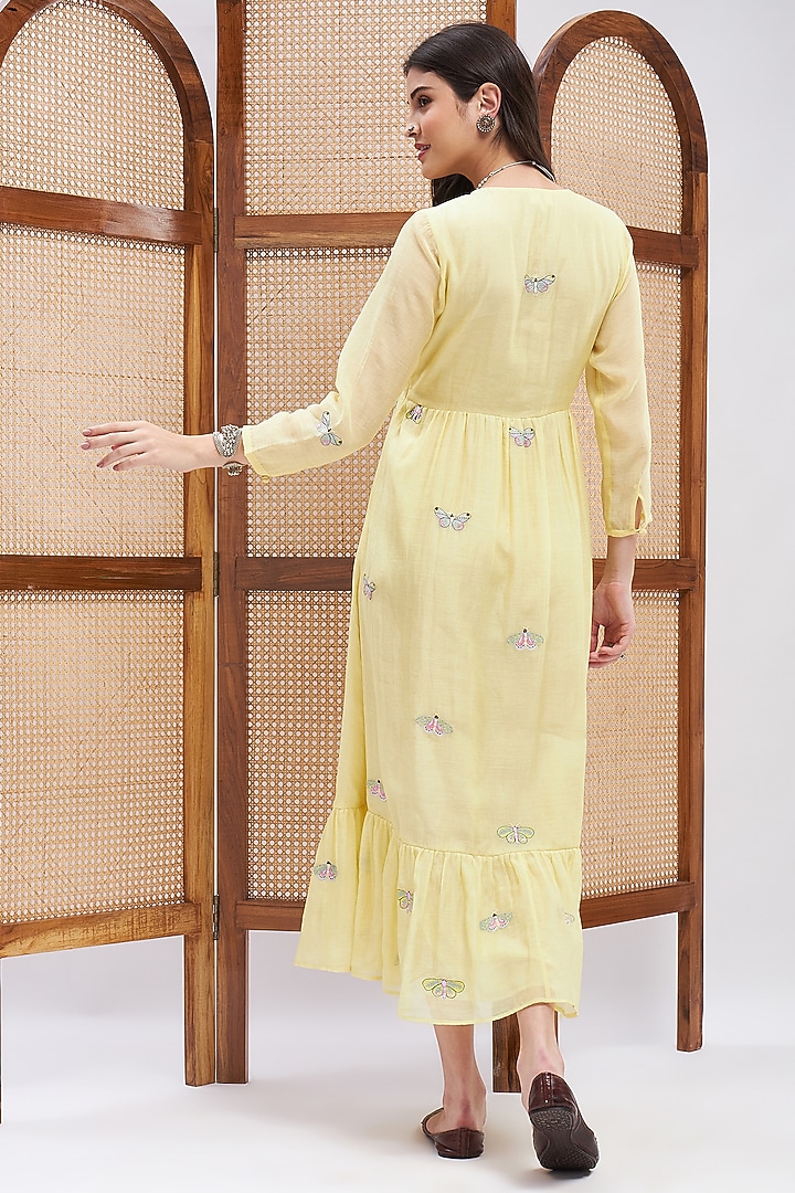 Yellow Silk Chanderi Resham Embroidered Maxi Vacation Dress by RoohbyRidhimaa at Pernia's Pop Up Shop