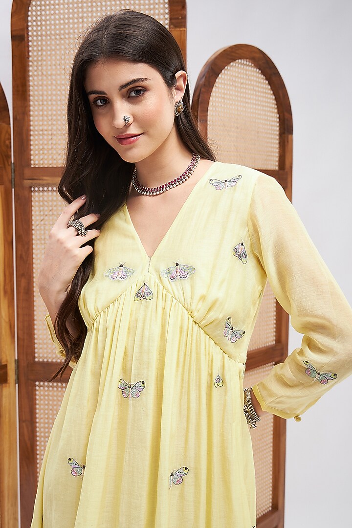 Yellow Silk Chanderi Resham Embroidered Maxi Vacation Dress by RoohbyRidhimaa at Pernia's Pop Up Shop