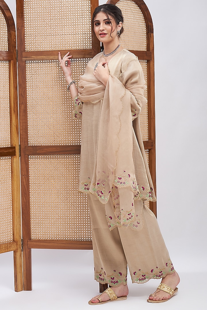 Copper Gold Silk Chanderi Zari Embroidered Kurta Set by RoohbyRidhimaa at Pernia's Pop Up Shop
