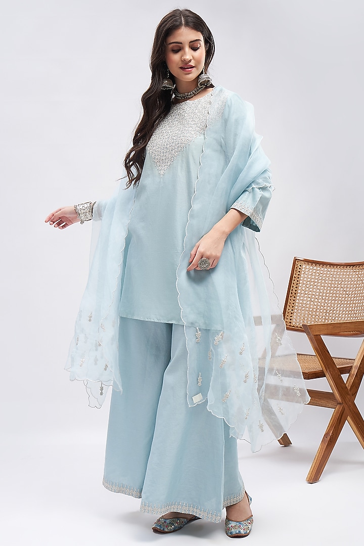 Pastel Blue Silk Chanderi Zari Embroidered Kurta Set by RoohbyRidhimaa at Pernia's Pop Up Shop