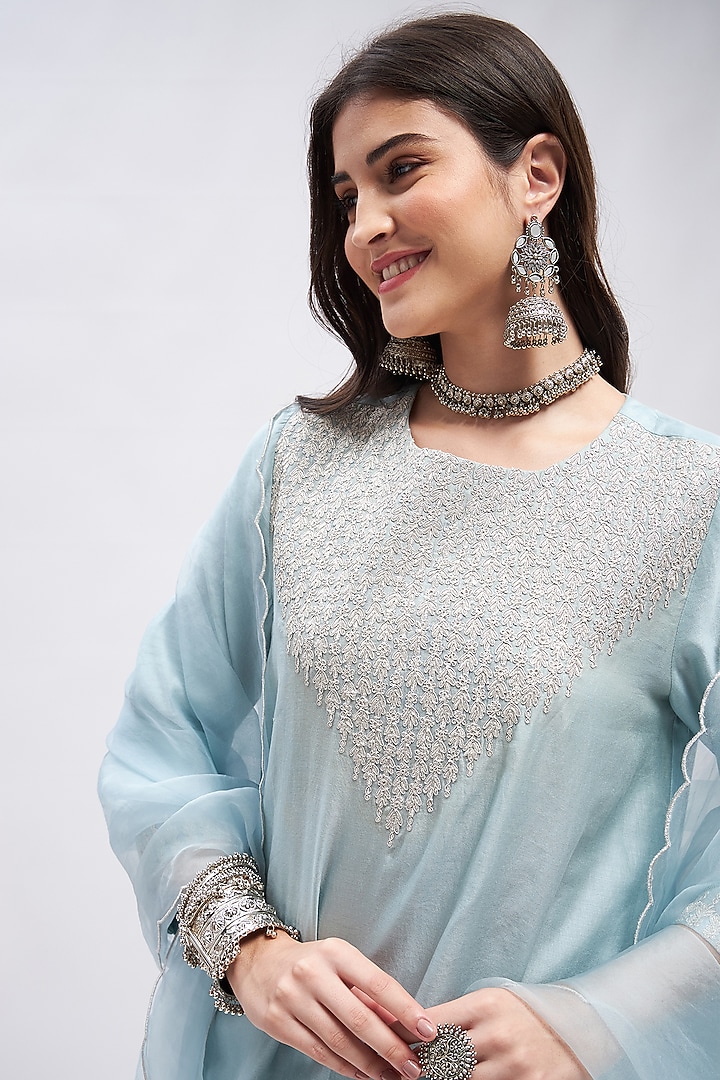 Pastel Blue Silk Chanderi Zari Embroidered Kurta Set by RoohbyRidhimaa at Pernia's Pop Up Shop