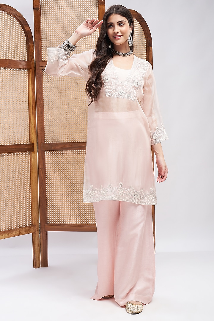 Pastel Pink Organza Aari Embroidered Co-Ord Set by RoohbyRidhimaa at Pernia's Pop Up Shop