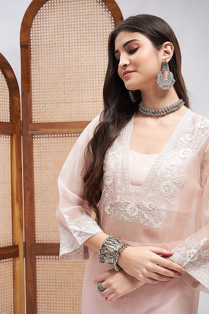 Pastel Pink Organza Aari Embroidered Co-Ord Set by RoohbyRidhimaa at Pernia's Pop Up Shop