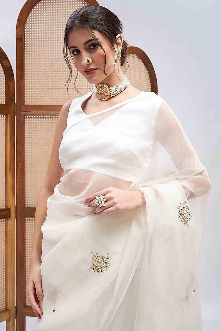 Off-White Pure Silk Organza Resham Embroidered Party Wear Saree Set by RoohbyRidhimaa at Pernia's Pop Up Shop