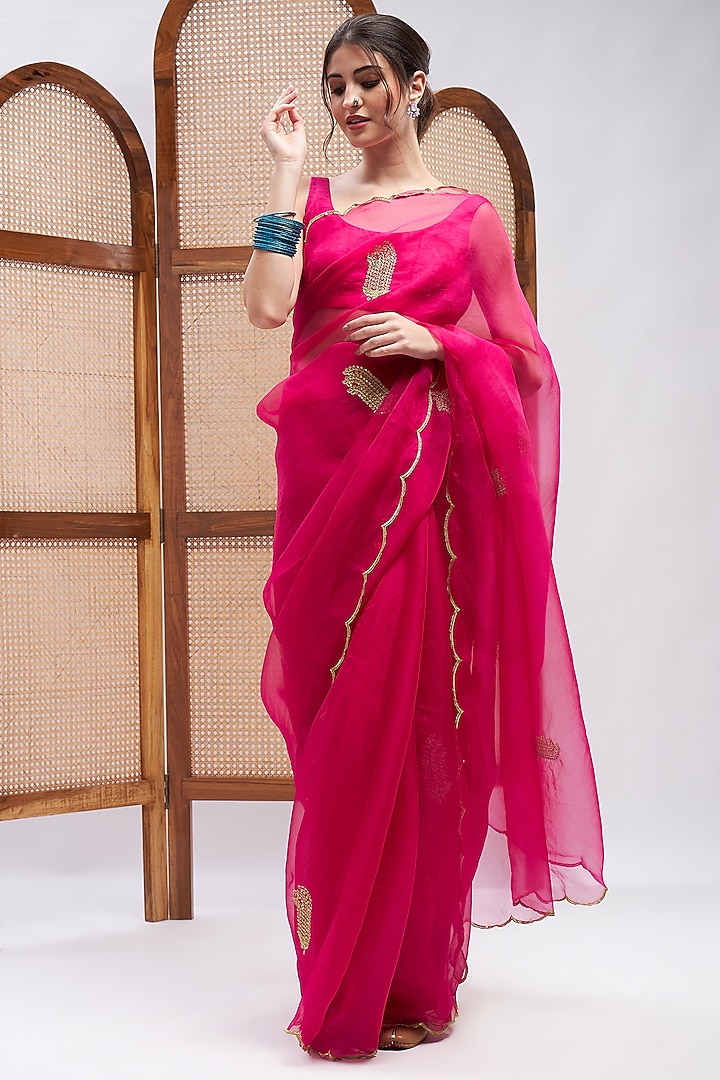 Fuchsia Pure Silk Organza Resham Embroidered Party Wear Saree Set by RoohbyRidhimaa at Pernia's Pop Up Shop