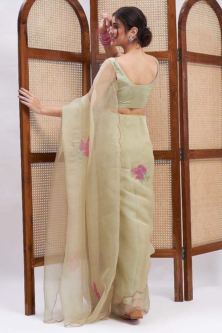 Powder Green Pure Silk Organza Resham Embroidered Party Wear Saree Set by RoohbyRidhimaa at Pernia's Pop Up Shop
