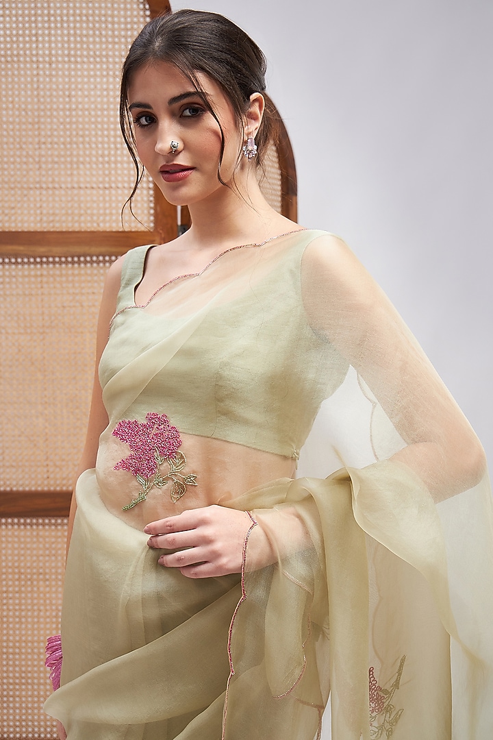 Powder Green Pure Silk Organza Resham Embroidered Party Wear Saree Set by RoohbyRidhimaa at Pernia's Pop Up Shop