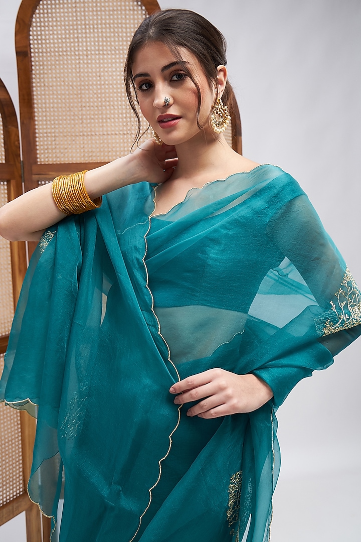 Turquoise Pure Silk Organza Resham Embroidered Party Wear Saree Set by RoohbyRidhimaa at Pernia's Pop Up Shop