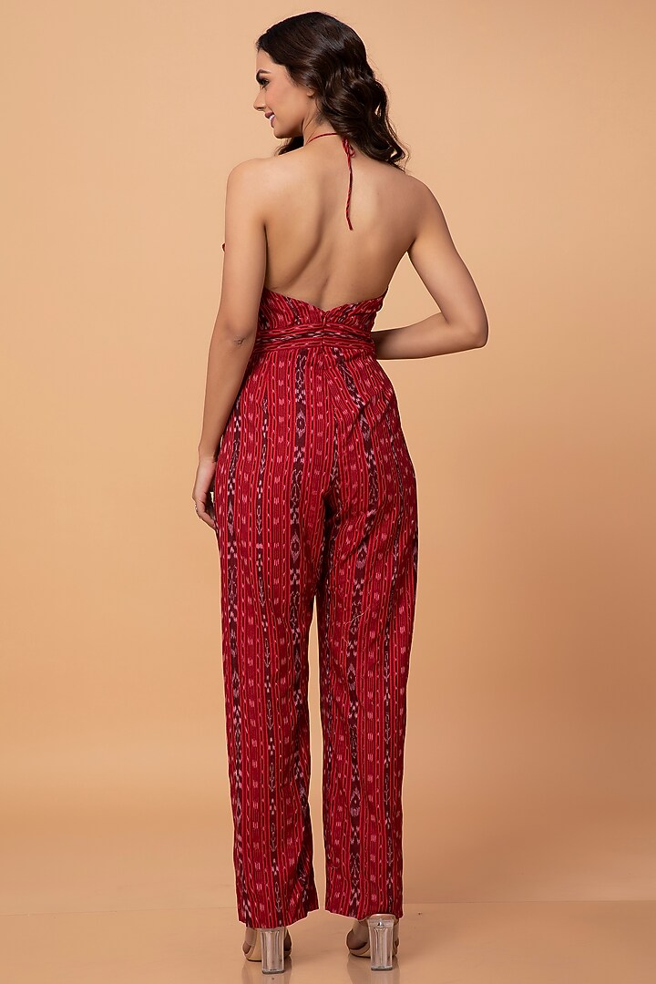 Red Cotton Ikat Jumpsuit by ROSA by Priyanka kar at Pernia's Pop Up Shop