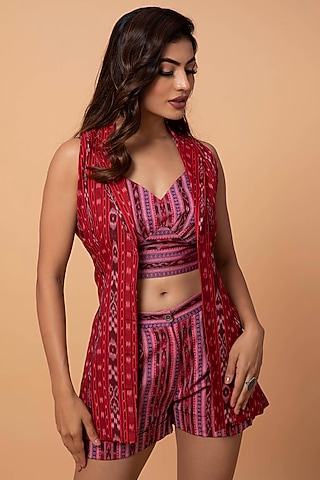 Red Cotton Ikat Jacket Set by ROSA by Priyanka kar