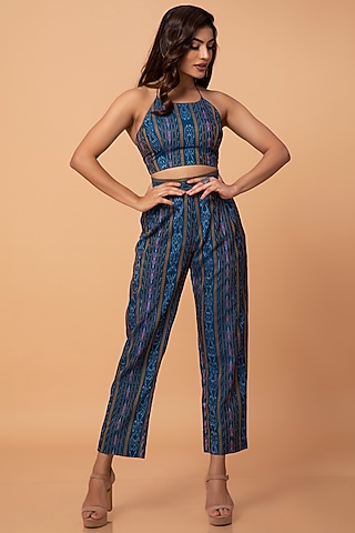 Green Cotton Ikat Pant Set by ROSA by Priyanka kar