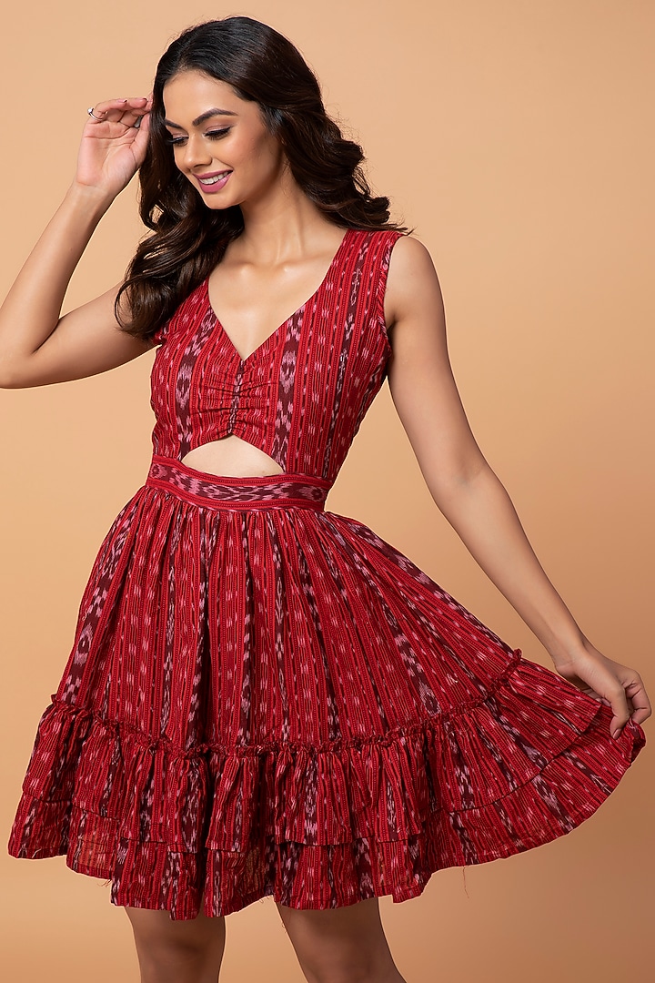 Red Cotton Ikat Summer Dress by ROSA by Priyanka kar at Pernia's Pop Up Shop