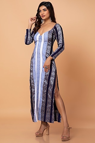 Black & Blue Cotton Ikat Dress by ROSA by Priyanka kar