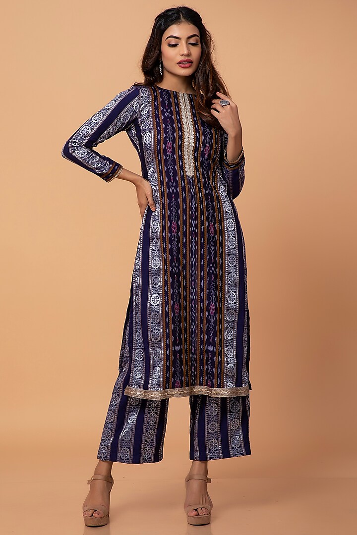 Blue Cotton Ikat Kurta Set by ROSA by Priyanka kar at Pernia's Pop Up Shop