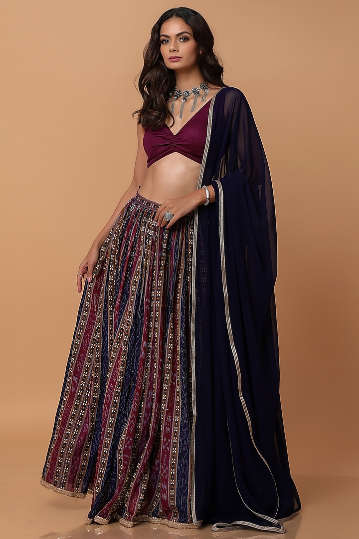 Blue & Purple Cotton Ikat Embellished Lehenga Set by ROSA by Priyanka kar